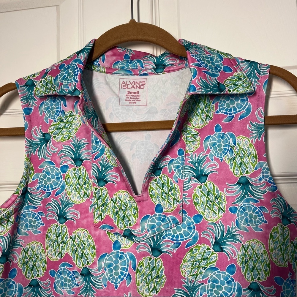 Alvins Island Sleeveless Floral Dress Turtle Pineapple Print Size Small - Picture 2 of 7